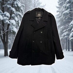 Men’s Black Express Double Breasted Pea Coat Slant Pockets And Slit In Back